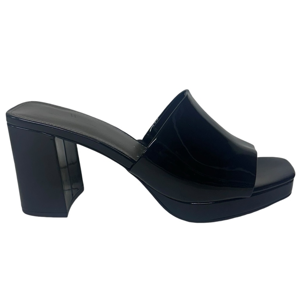 Worthington Laurel Black Patent Leather Slip On Peep Toe Block Heel Shoes Sz 8.5